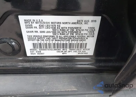 2015 Mitsubishi Outlander Sport Gt из США, поврежденный, VIN 4A4AR4AW8FE051075